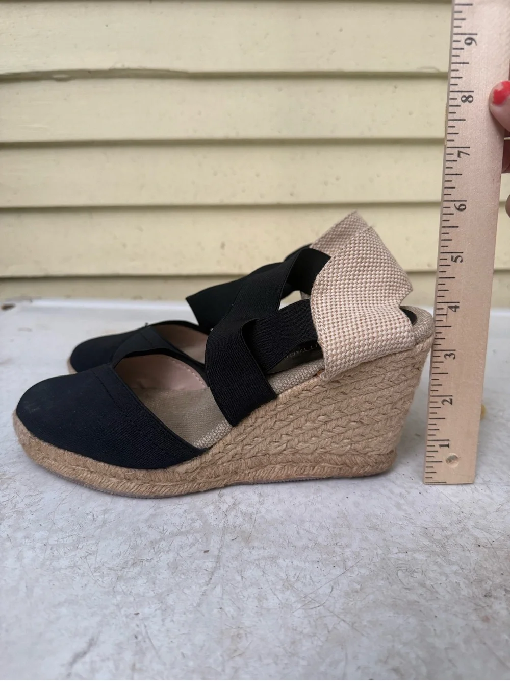 Adrienne Vittadini Black and Beige Espadrille Wedge Sandals